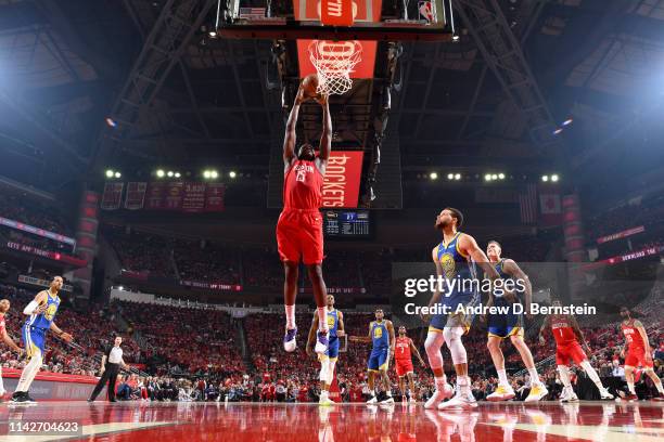 Clint Capela of the Houston Rockets dunks the ball against the Golden State Warriors during Game Six of the Western Conference Semifinals of the 2019...