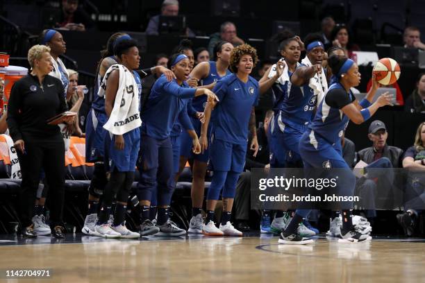Taylor Emery of the Minnesota Lynx reacts to a play against the Washington Mystics on May 10, 2019 at the Target Center in Minneapolis, Minnesota....