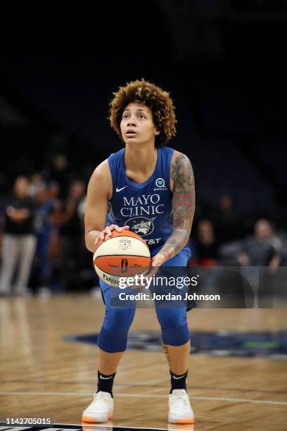 Taylor Emery of the Minnesota Lynx shoots a free-throw against the Washington Mystics on May 10, 2019 at the Target Center in Minneapolis, Minnesota....