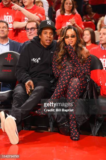Jay-Z and Beyonce attend a game between the Golden State Warriors and the Houston Rockets during Game Six of the Western Conference Semifinals of the...