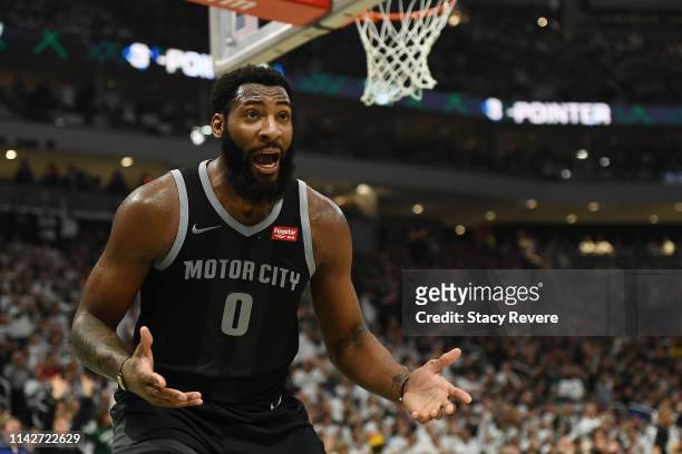 Andre Drummond of the Detroit Pistons reacts to an officials call during Game One of the first round of the 2019 NBA Eastern Conference Playoffs...
