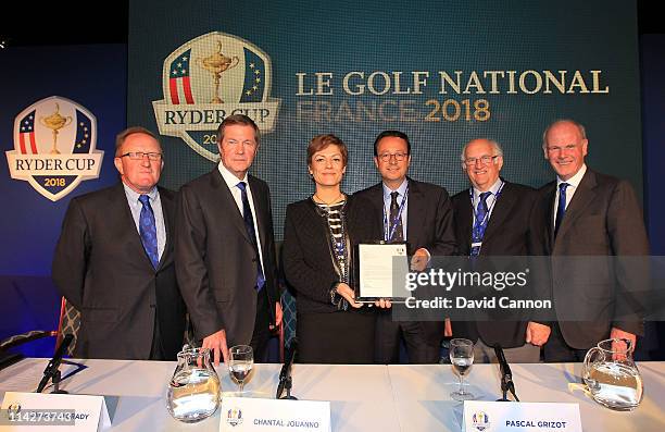 Pascal Grizot of France the Chairman of the French Ryder Cup Bid , Chantal Jouanno the French Minister for Sport , George O'Grady Chief Executive of...