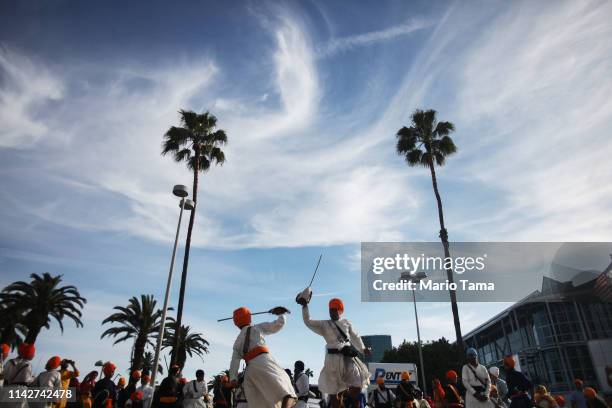 Sikhs practice traditional Indian martial arts during their annual parade marking Baisakhi, also known as Vaisakhi, on April 14, 2019 in downtown Los...