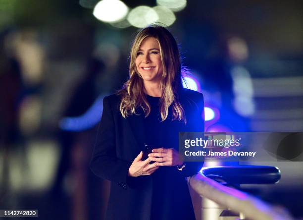 Jennifer Aniston is seen on location for 'The Morning Show' at Pier 45 at Hudson River Park on May 10, 2019 in New York City.