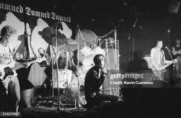 English punk group The Damned performing at the Marquee Club, London, 4th July 1977. Left to right: Captain Sensible, Drummer Rat Scabies, Dave...