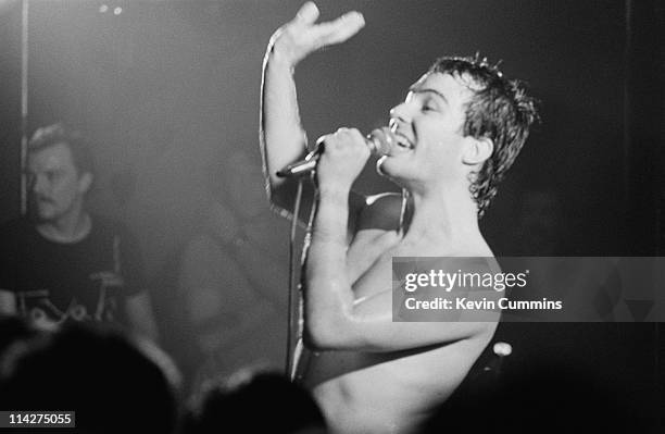 Singer Jello Biafra performing with American punk group the Dead Kennedys at Manchester Polytechnic, October 1980.