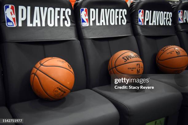 Detailed view of Spalding basketballs sitting on the Milwaukee Bucks bench prior to Game One of the first round of the 2019 NBA Eastern Conference...