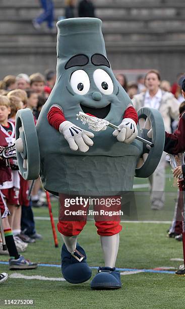 The mascot of the Boston Cannons enters the field before a game against the the Long Island Lizards at Harvard Stadium on May 14, 2011 in Boston,...