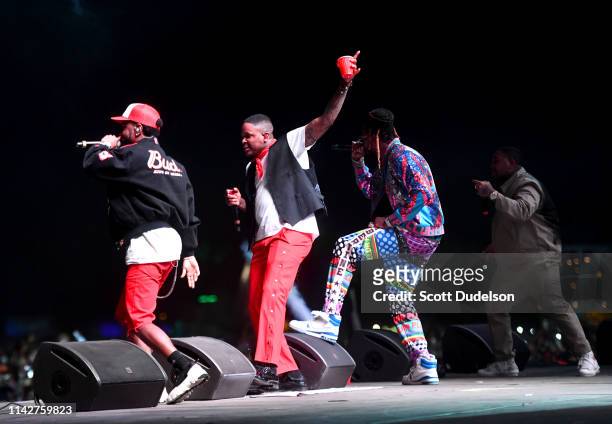 Rappers Big Sean, YG, 2 Chainz and DJ Mustard perform onstage as a special guest of YG during Weekend 1, Day 3 of the Coachella Valley Music and Arts...