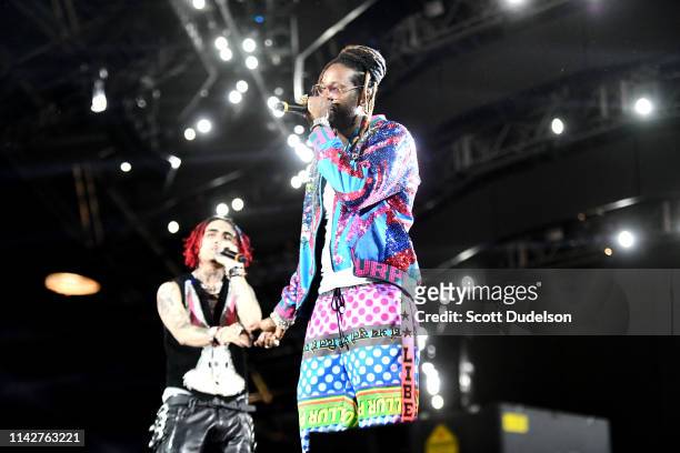 Rappers Lil Pump and 2 Chainz perform onstage during Weekend 1, Day 3 of the Coachella Valley Music and Arts Festival on April 14, 2019 in Indio,...
