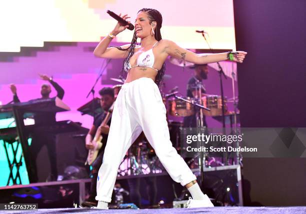 Singer Halsey performs onstage as a special guest of Khalid during Weekend 1, Day 3 of the Coachella Valley Music and Arts Festival on April 14, 2019...