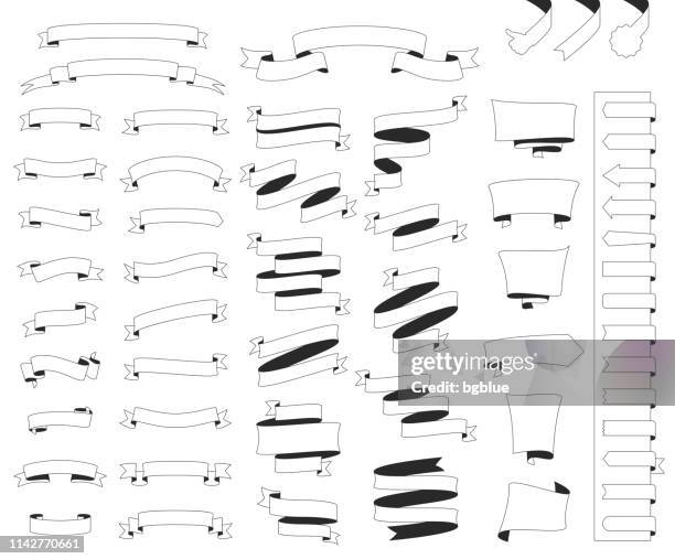 リボン、バナー (アウトライン、線画) のセット-白の背景にデザイン要素 - スクロール点のイラスト素材／クリップアート素材／マンガ素材／アイコン素材