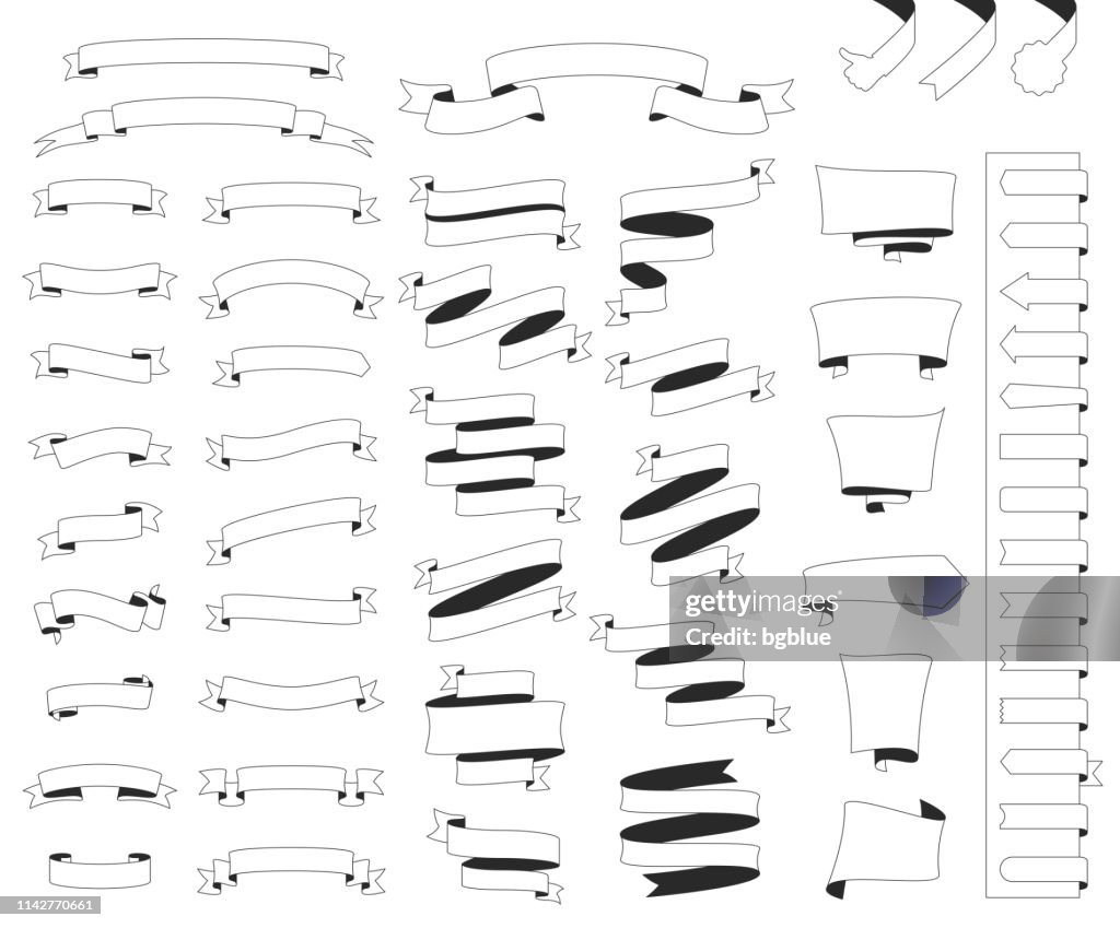 Set of Ribbons, Banners (outline, line art) - Design Elements on white background