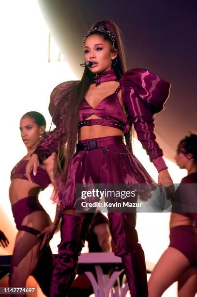 Ariana Grande performs on Coachella Stage during the 2019 Coachella Valley Music And Arts Festival on April 14, 2019 in Indio, California.