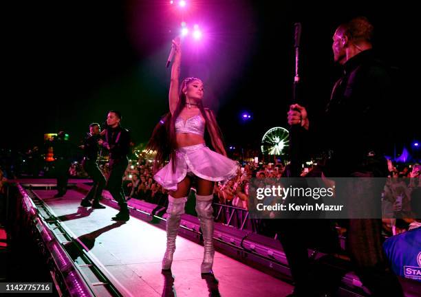 Ariana Grande performs on Coachella Stage during the 2019 Coachella Valley Music And Arts Festival on April 14, 2019 in Indio, California.