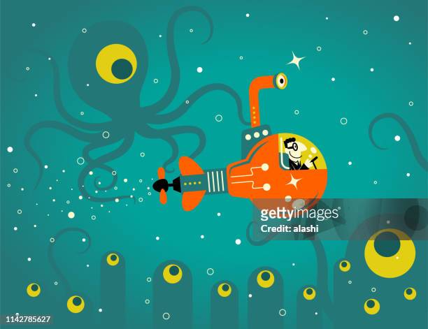 geschäftsmann pilgert eine idee glühbirne u-boot in der tiefsee - sea monster stock-grafiken, -clipart, -cartoons und -symbole