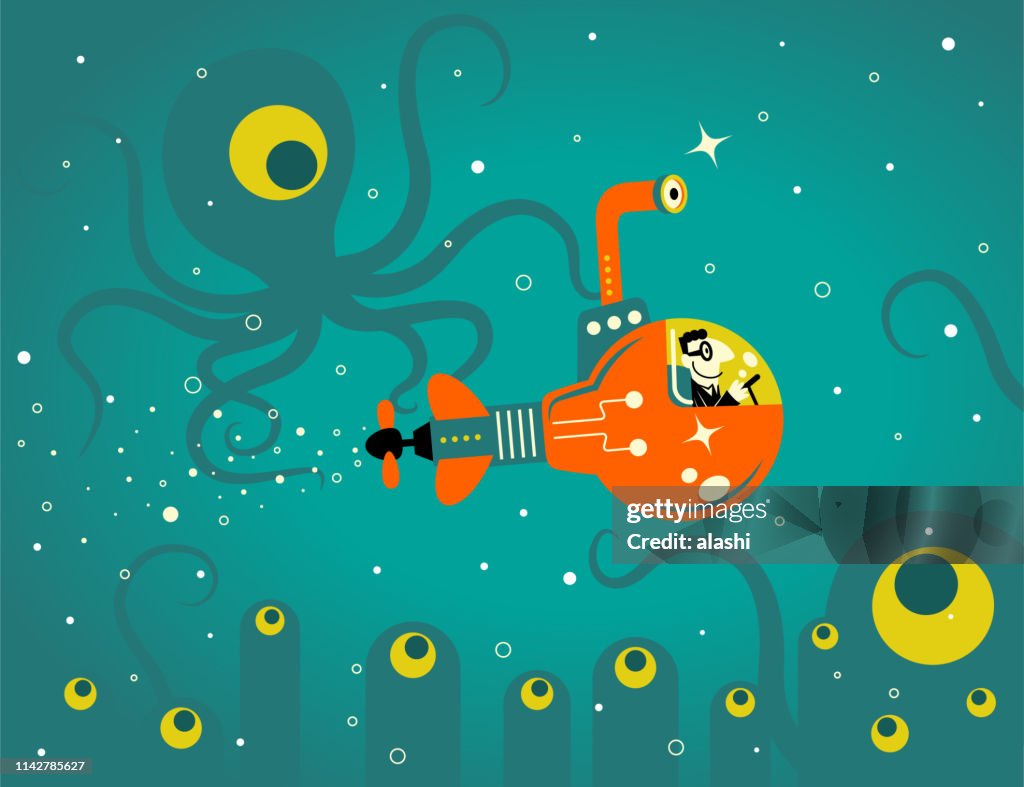 Businessman piloting an idea light bulb submarine in the deep sea