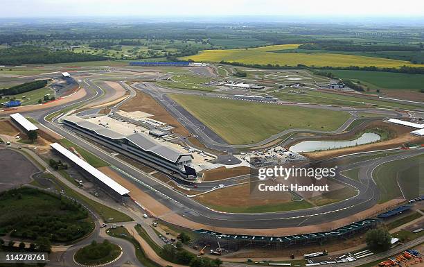 In this handout image provided by Silverstone Circuit, An aerial view of the new pits and paddock during the opening of the Silverstone Wing at...