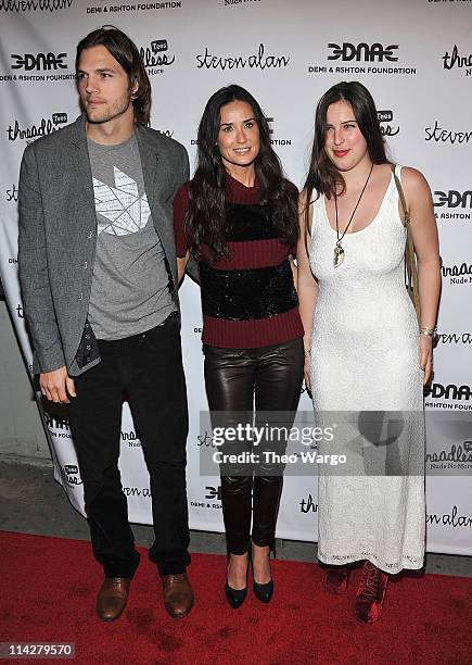 Ashton Kutcher, Demi Moore and Scout Willis attend the launch party for "Real Men Don't Buy Girls" at Steven Alan Annex on April 14, 2011 in New York...
