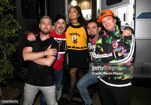 Ariana Grande with members of NSYNC Lance Bass, Joey Fatone, Chris Kirkpatrick and JC Chasez attend 2019 Coachella Valley Music And Arts Festival on...