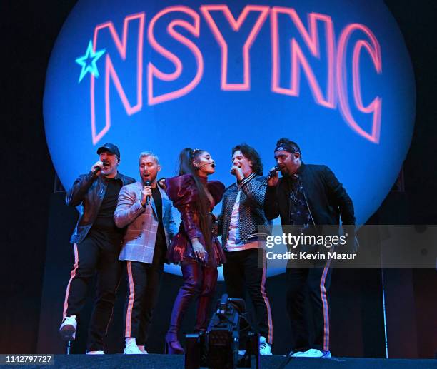 Ariana Grande performs onstage with members of NYSNC Joey Fatone, Lance Bass, JC Chasez, and Chris Kirkpatrick Coachella Stage during the 2019...