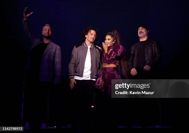 Ariana Grande performs with members of NSYNC Lance Bass, JC Chasez and Joey Fatone on Coachella Stage during the 2019 Coachella Valley Music And Arts...