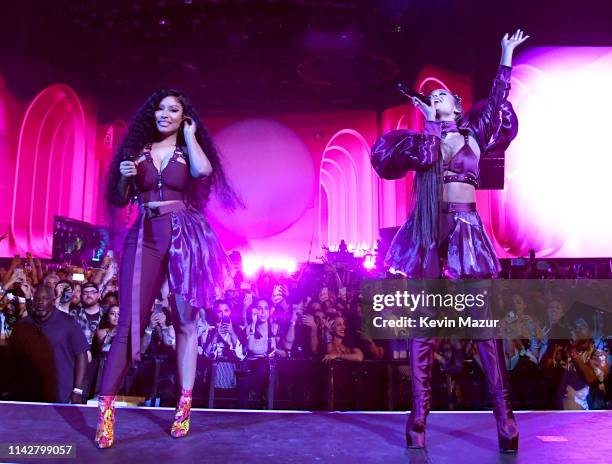 Nicki Minaj and Ariana Grande perform on Coachella Stage during the 2019 Coachella Valley Music And Arts Festival on April 14, 2019 in Indio,...