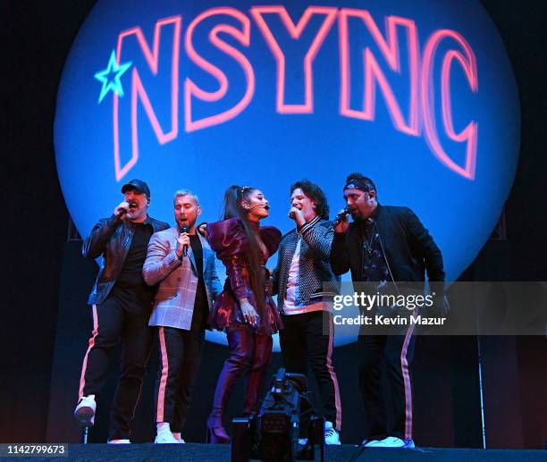Ariana Grande performs onstage with members of NYSNC Joey Fatone, Lance Bass, JC Chasez, and Chris Kirkpatrick Coachella Stage during the 2019...