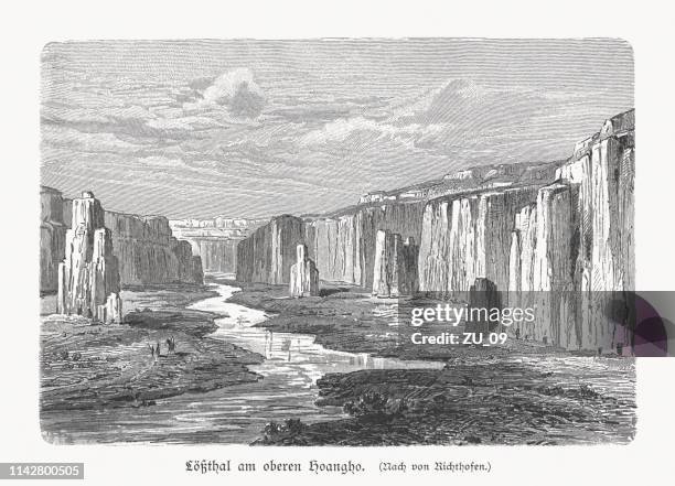 yellow river (huang he) in china, wood engraving, published 1897 - yellow river stock illustrations