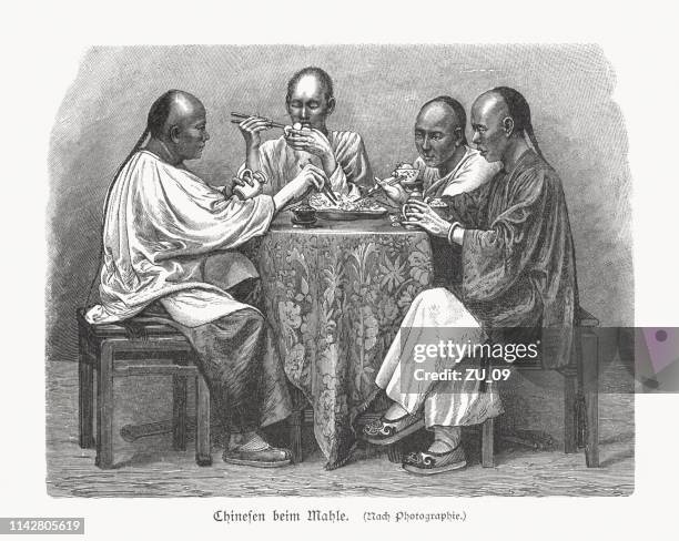 chinese men at the meal, wood engraving, published in 1897 - braided hair stock illustrations