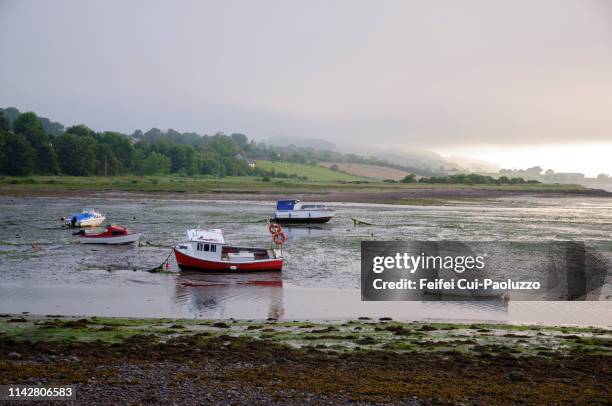 harbor and small fishing boat at montrose, scotland - montrose stock-fotos und bilder