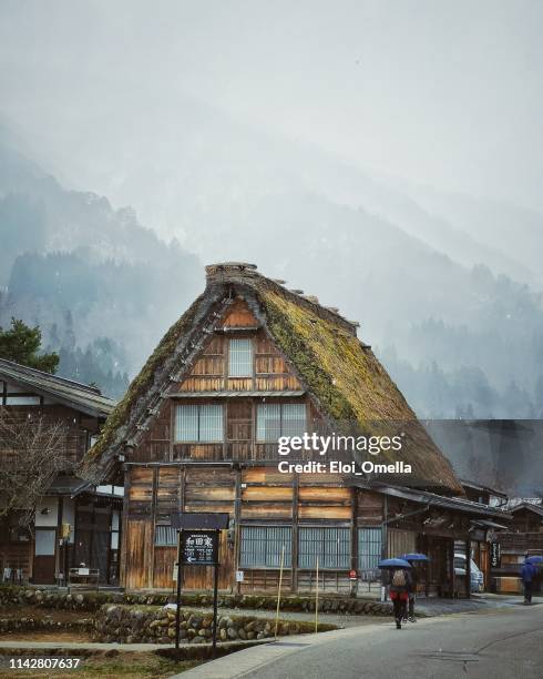 snowing in shirakawago with gassho-zukuri houses, gifu prefecture, japan - toyama prefecture stock pictures, royalty-free photos & images