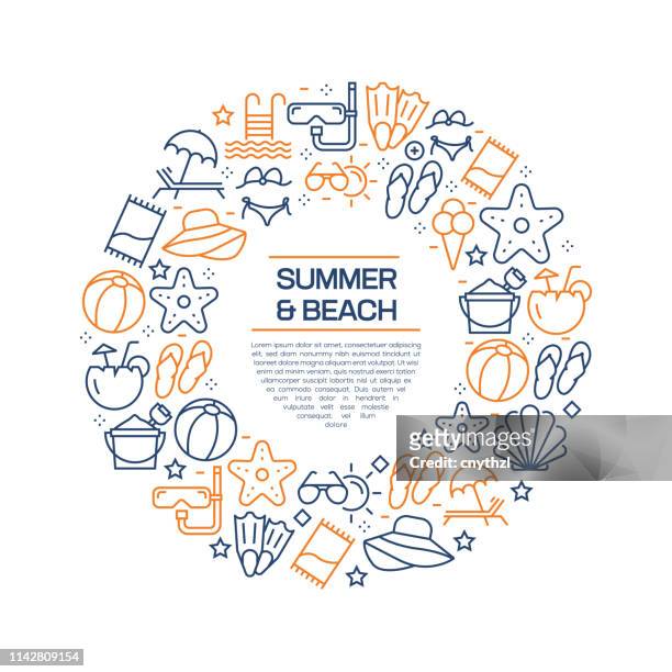ilustraciones, imágenes clip art, dibujos animados e iconos de stock de concepto de verano y playa-iconos de línea colorida, organizados en círculo - lugar turístico