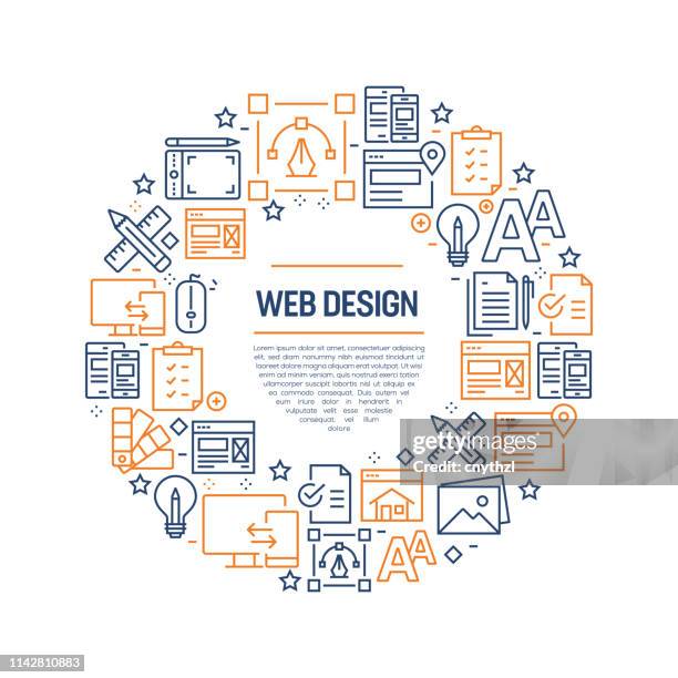 web design concept - colorful line icons, arranged in circle - designer working laptop stock illustrations