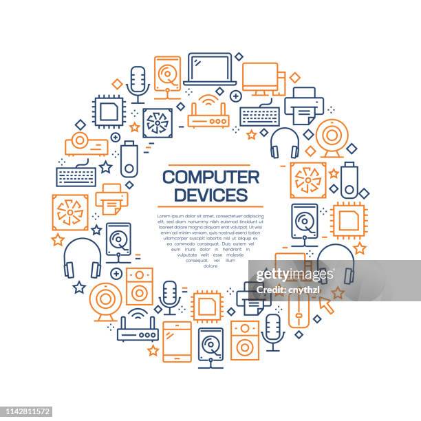 computer devices concept - colorful line icons, arranged in circle - multimedia background stock illustrations