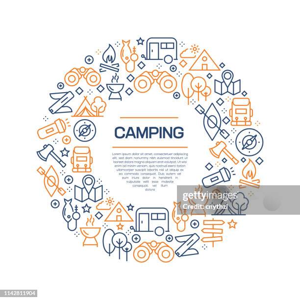 camping concept - colorful line icons, arranged in circle - adventure badge stock illustrations