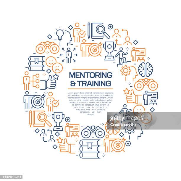 mentoring and training concept - colorful line icons, arranged in circle - learning objectives icon stock illustrations