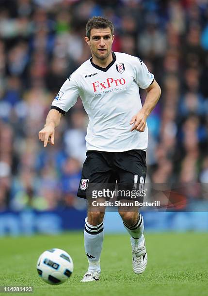 Aaron Hughes of Fulham in action during the Barclays Premier League match between Birmingham City and Fulham at St. Andrews on May 15, 2011 in...