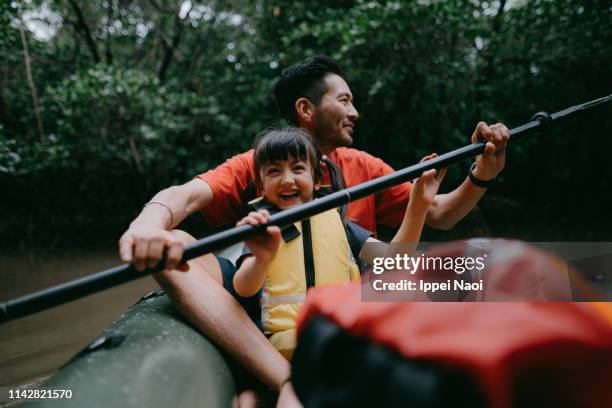 father and child paddling kayak together in mangrove swamp, japan - familie sport stock pictures, royalty-free photos & images