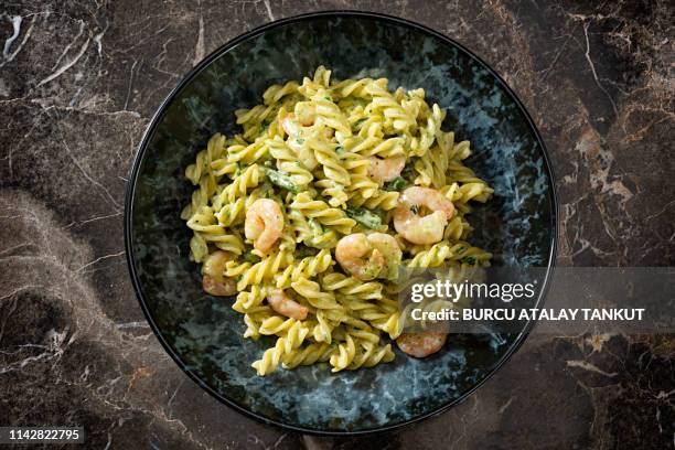 fusilli with pesto sauce - fusilli stock pictures, royalty-free photos & images