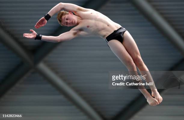 General view of a diver in action during the British Elite Junior Diving Championships 2019 at Ponds Forge on April 14, 2019 in Sheffield, England.
