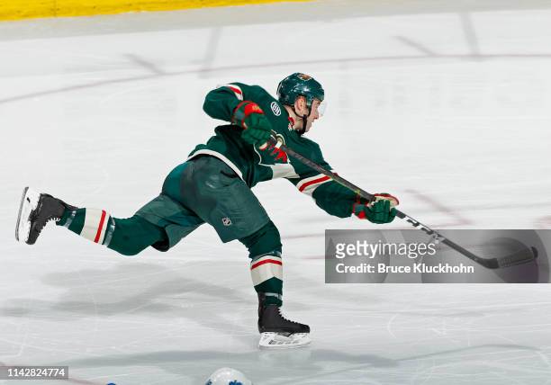 Brad Hunt of the Minnesota Wild takes a shot on goal during a game with the Winnipeg Jets at Xcel Energy Center on April 2, 2019 in St. Paul,...