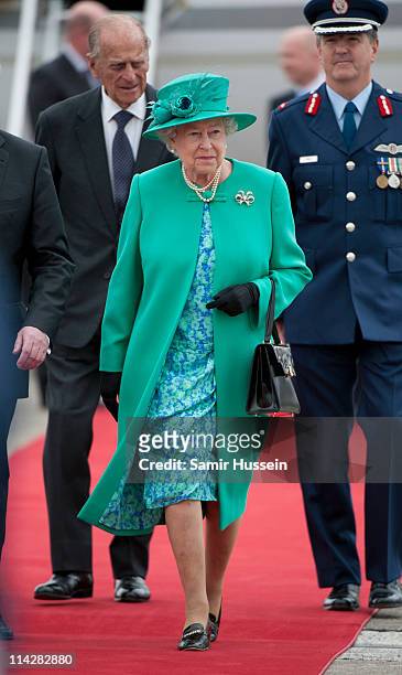 Queen Elizabeth II and Prince Philip, Duke of Edinburgh arrive at Baldonnel Airport on May 17, 2011 in Dublin, Ireland.they arrive at Aras an...