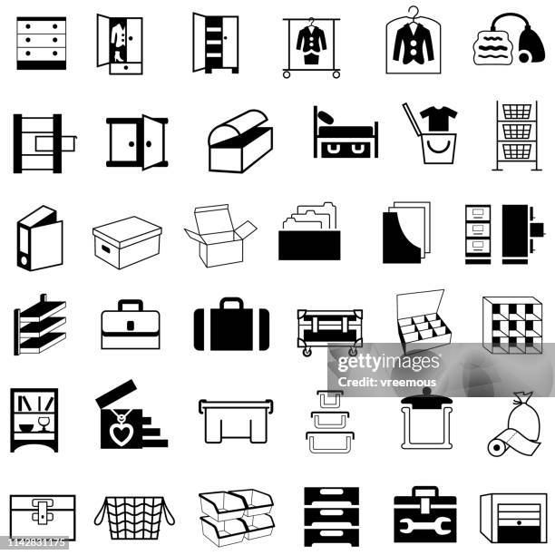 storage containers, boxes and furniture icons - storage basket stock illustrations