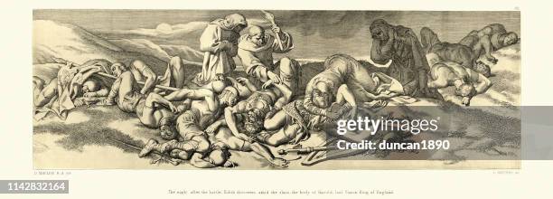 battle of hastings, edith discovers the body of king harold - battle of hastings stock illustrations