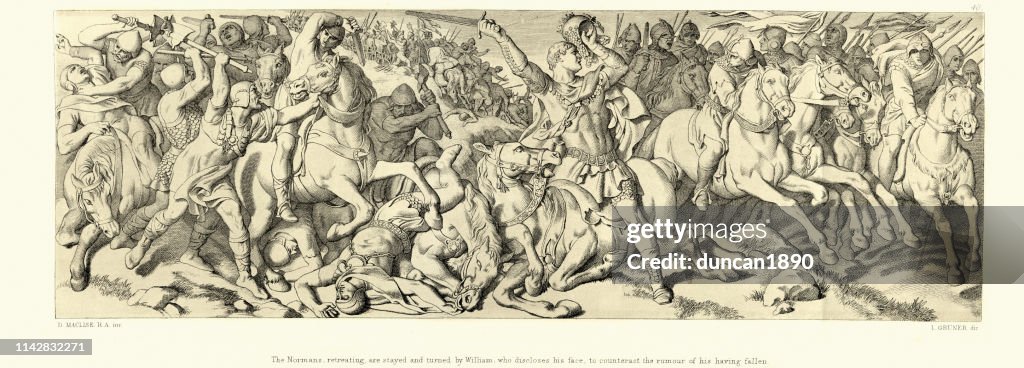 Battle of Hastings, Normans retreating are stayed by William