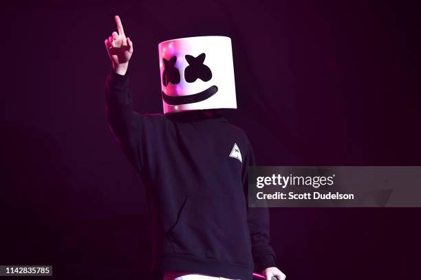 Singer Marshmello performs onstage as a special guest of Khalid during Weekend 1, Day 3 of the Coachella Valley Music and Arts Festival on April 14,...