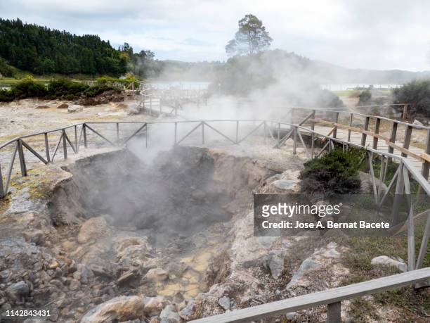volcanic fumaroles with holes between the rocks issuing gases and very hot boiling water. island of sao miguel, azores islands, portugal. - furnas valley stock pictures, royalty-free photos & images