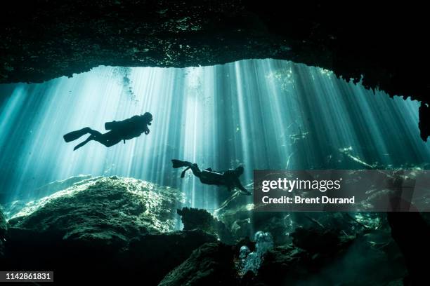 scuba divers and light rays in eden cenote - buceo con equipo fotografías e imágenes de stock