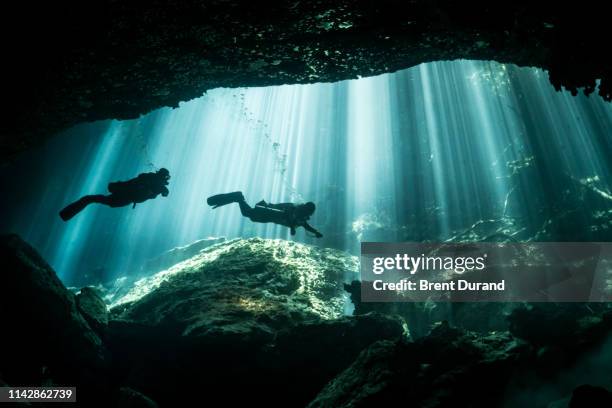 scuba divers and light rays in eden cenote - playa del carmen stock pictures, royalty-free photos & images